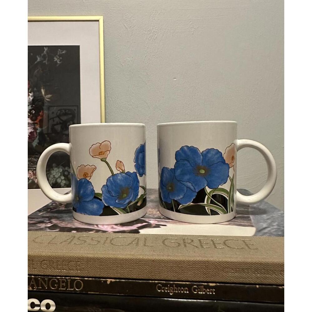 Set Of 2 Vintage Style Ceramic Coffee Tea Mugs Pink & Blue Poppy Flower Design